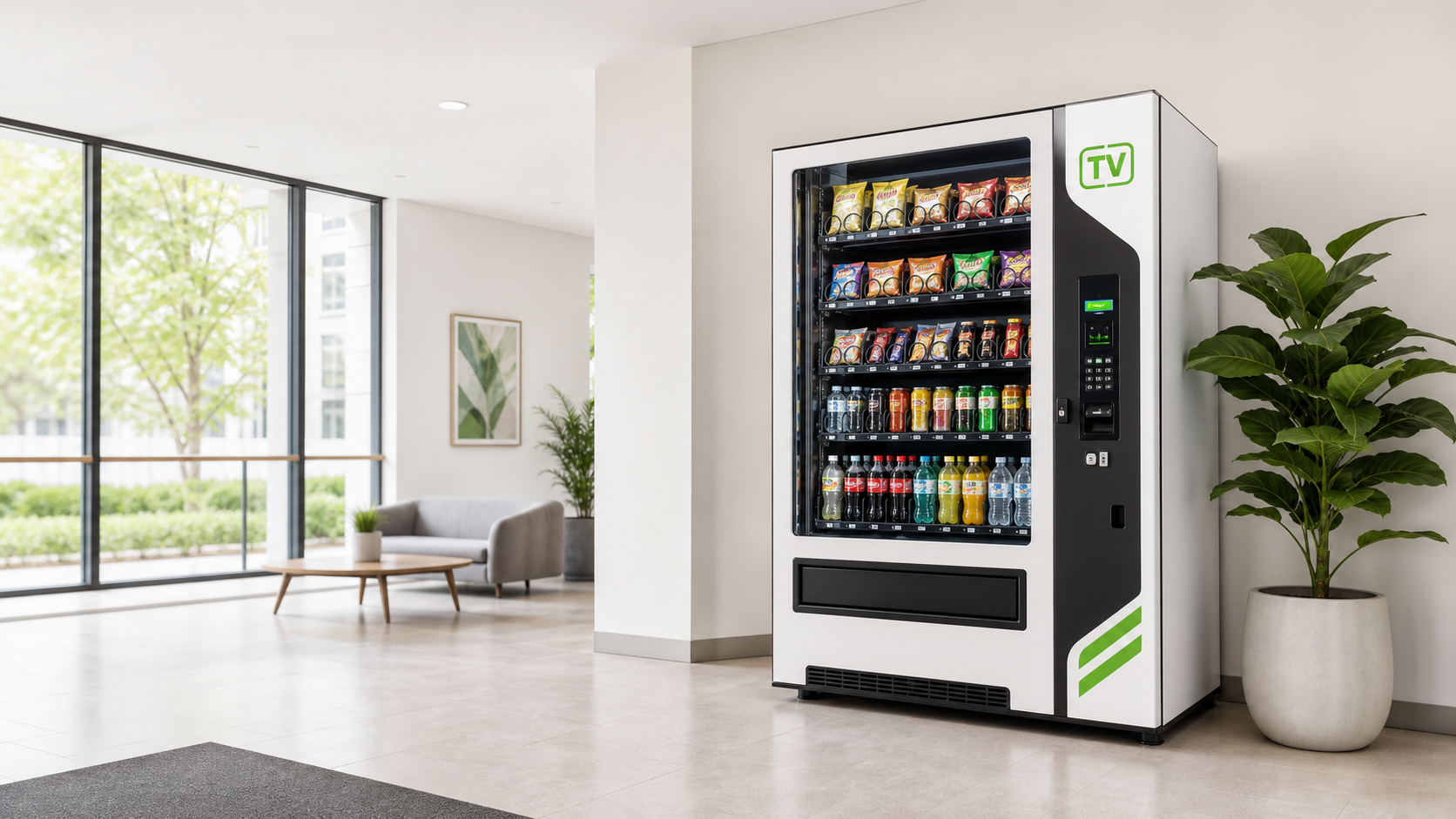 A bright lobby with a Thrash Vending machine